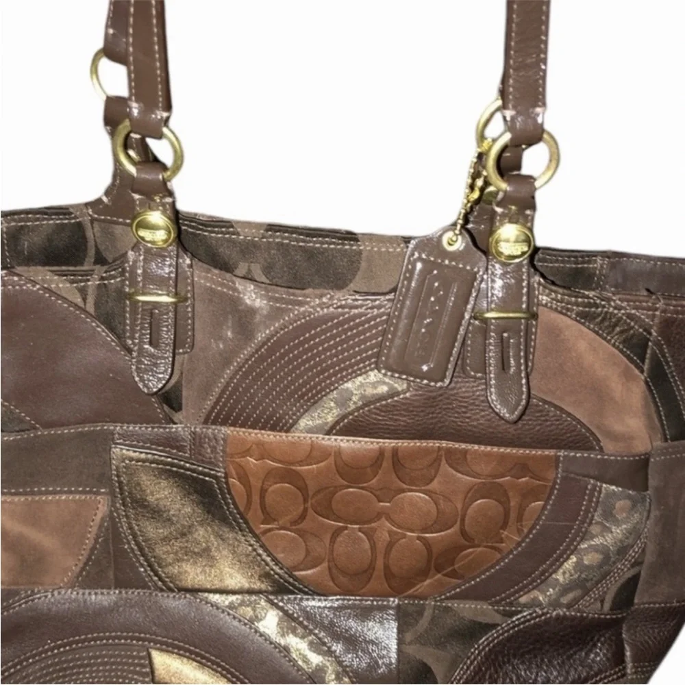 Coach brown leather mixed media patchwork handbag with gold hardware hang tag